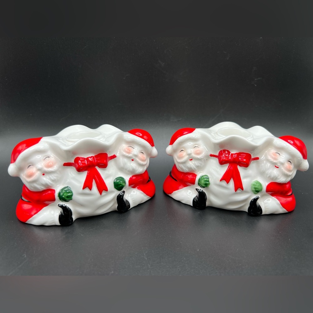 Vintage Ceramic Santas w/ Toy Bag Candleholder Pair Made in Taiwan Bone China
